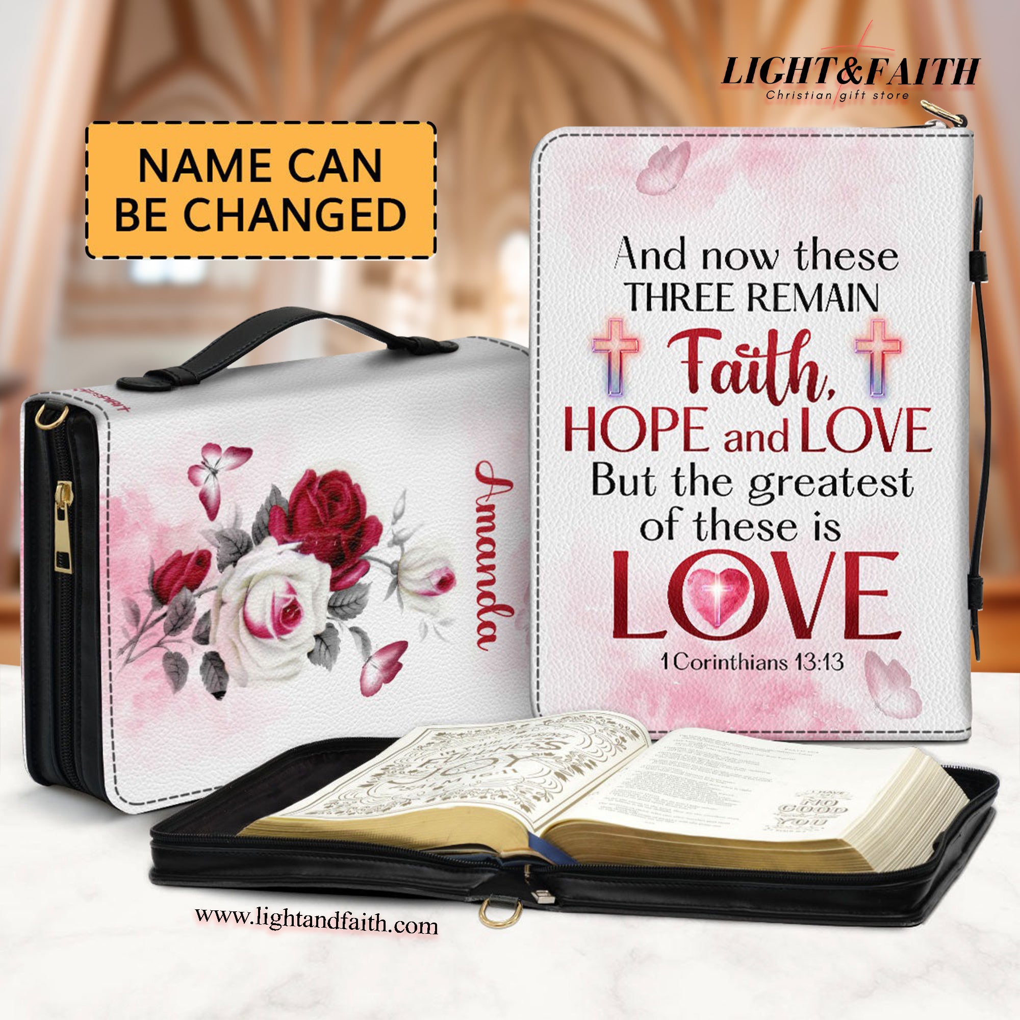 Faith - Hope - Love , Corinthians 13:13 Leather Book Cover , Personalized Zippered Bible Cover With Handle , Christian Gift Ideas On Anniversary